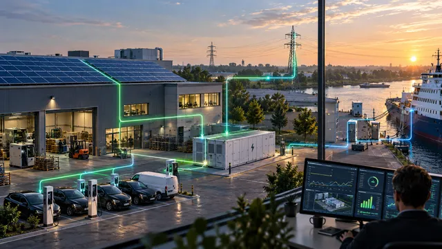 Industrial site at sunset with solar panels, a battery container, EV charging points and vehicles, power lines and a ship at the quay; green and blue lines connect the assets, with a person at energy dashboards in the foreground